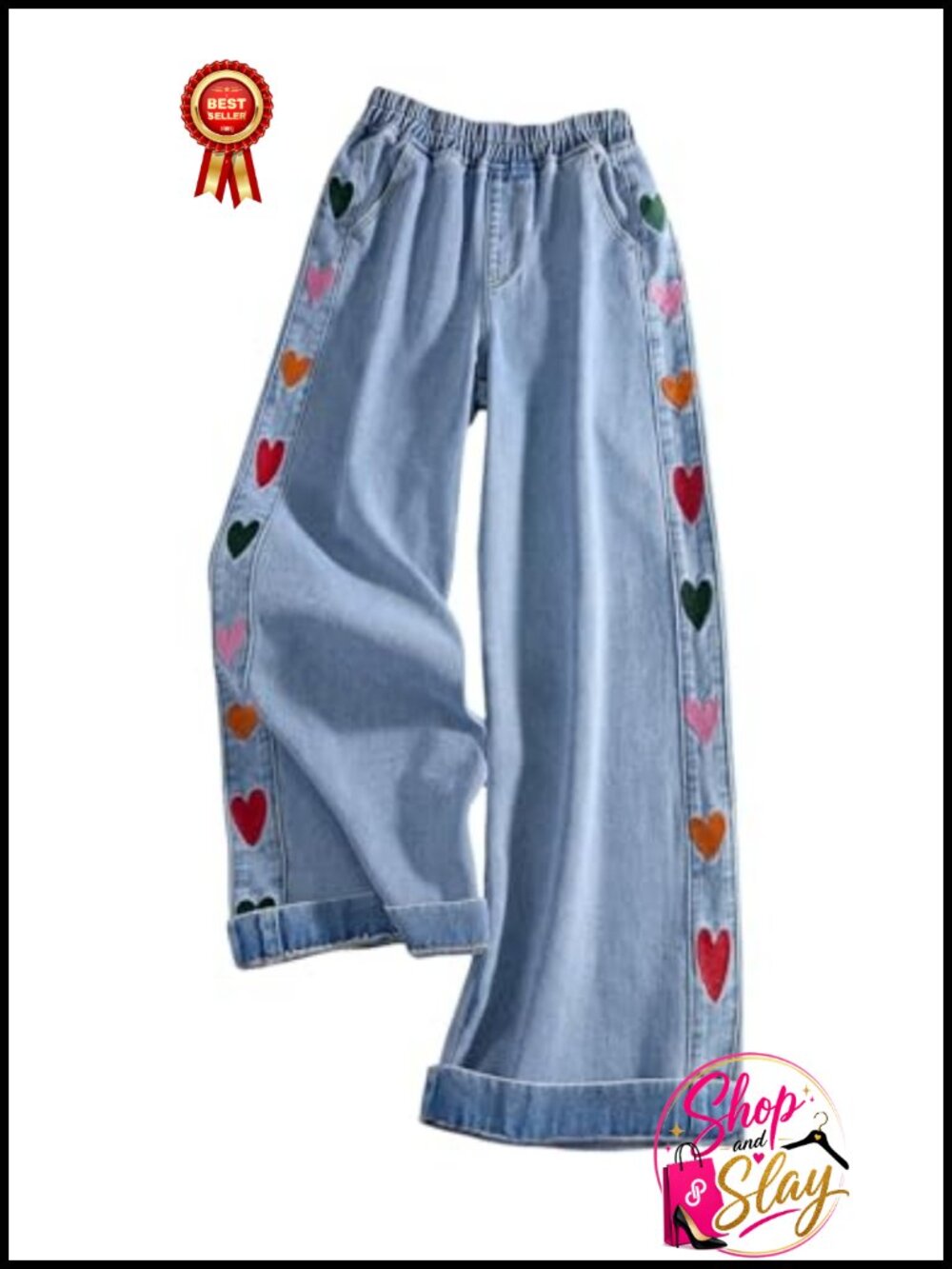 Wide Leg Jeans Heart Embroidery Denim Pants with Pockets